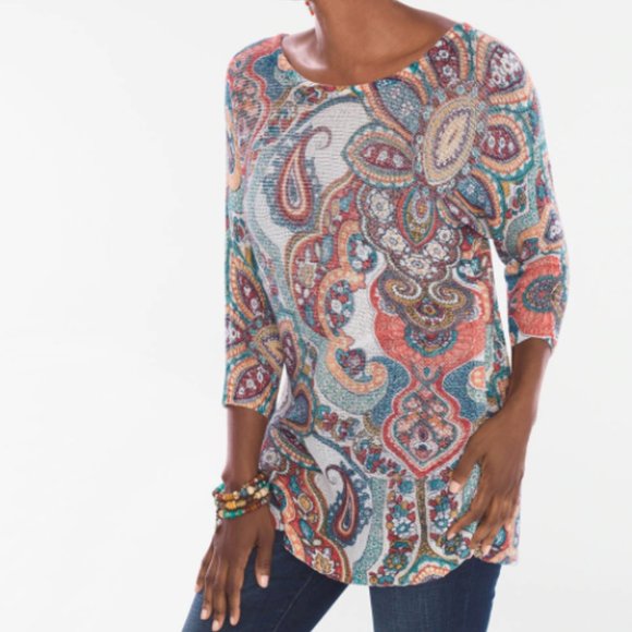 Chico's Women's Multicolor Paisley Cross-Back Detail Sweater Size 4 - Picture 2 of 9